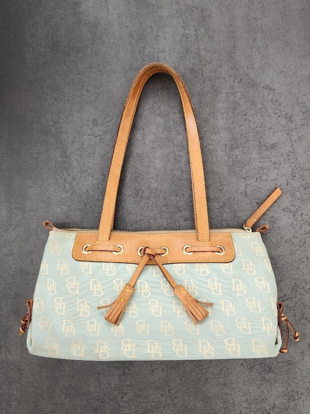 Leather-Trim Tassel Satchel in Light Blue and Tan